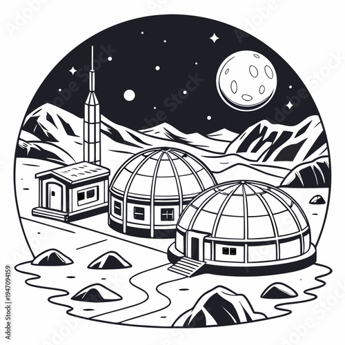 A futuristic lunar base with domes on the moon