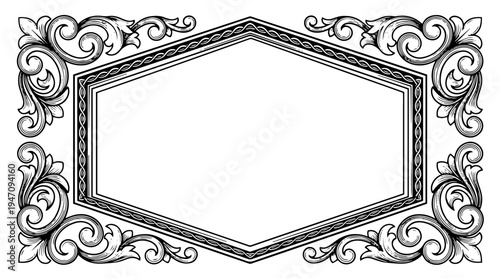 Ornate hexagon frame with scroll corners vector engraving style on white isolated background for elegant label design