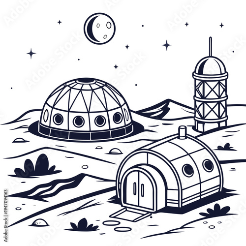 A futuristic space colony on a distant planet with domed habitats
