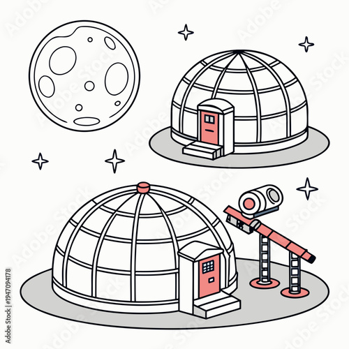 A cartoon illustration of two observatories and a moon