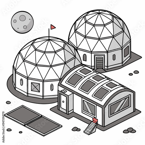 A detailed illustration of lunar domes and a space station