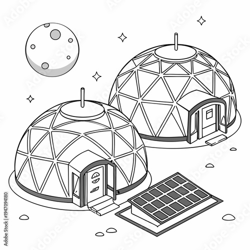 Two geodesic domes on a distant planet with a solar panel