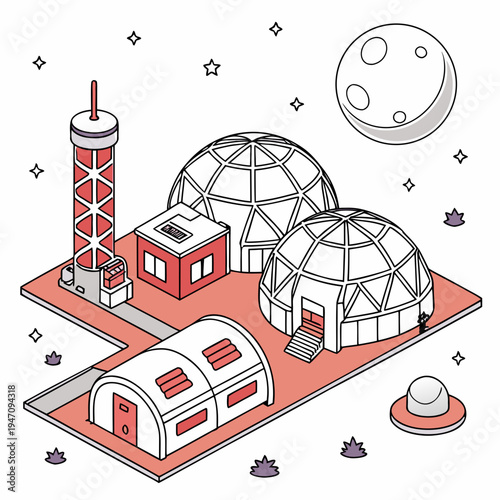 A futuristic space station with domes and a tower