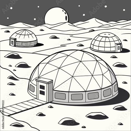 A futuristic lunar colony with domed habitats