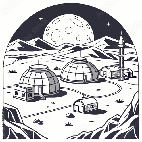 A futuristic lunar colony with domed habitats and a tall tower