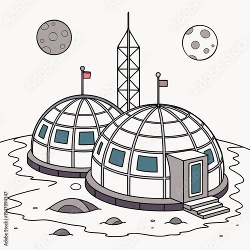 A futuristic moon base with domes and a rocket