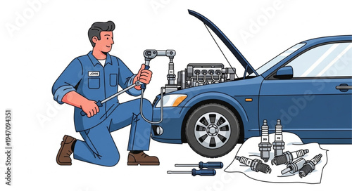 Mechanic working on blue car.