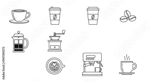 Minimalist outline coffee icons set for cafes and drinks