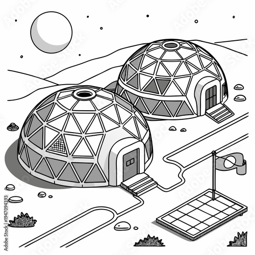 Two domed houses on a barren landscape