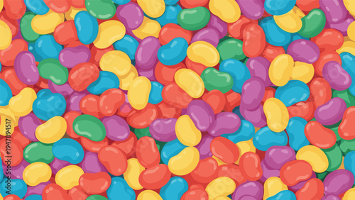 Seamless background pattern filled with many colorful jelly bean candies in various bright shades of red yellow green blue and purple.