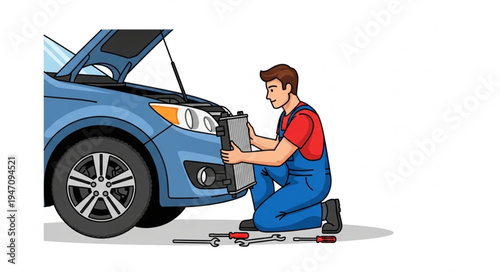 Mechanic working on blue car.