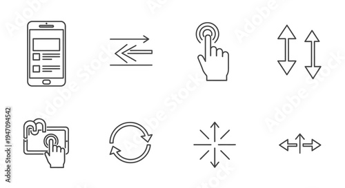 Mobile gestures and UI control line icons set