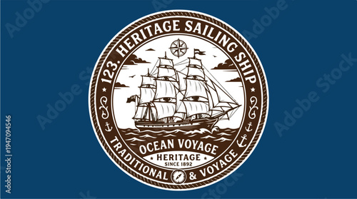 Vintage Sailing Ship Ocean Voyage Emblem.