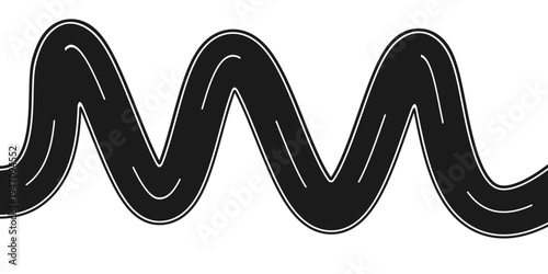 Winding Highway Road Vector, Curved Asphalt Road with White Markings and Red GPS Pin, Top View Journey Illustration