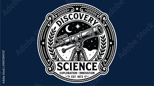 Vintage Telescope Emblem for Discovery Science Exploration Innovation.