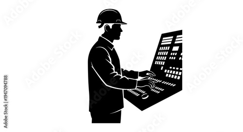 Silhouette vector illustration of an engineer in a hard hat operating a complex control panel, suggesting expertise and industrial technology