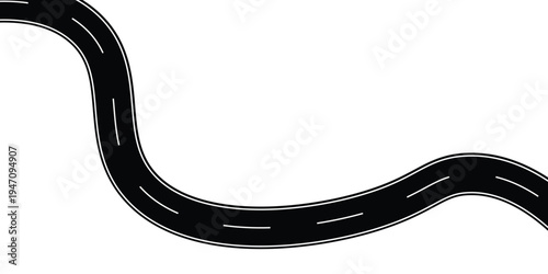 Winding Highway Vector – Curved Asphalt Road with White Markings, Simple Top View Road Illustration on White Background