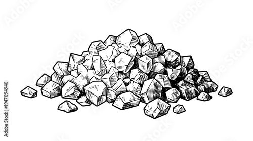 Pile of rocks and stone rubble vector engraving style on white isolated background for construction material poster design