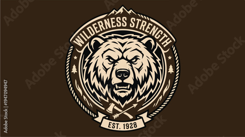 Wilderness Strength Bear Emblem with Crossed Axes and Mountains.