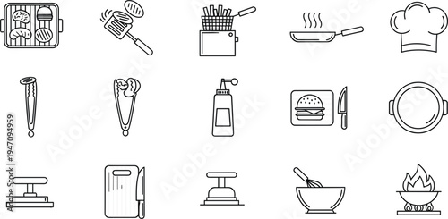Professional Kitchen and Grill Tool Icon Set Featuring Burger Press Spatula Deep Fryer Frying Pan Chef Hat and BBQ Cooking Equipment Illustrations