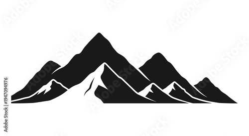 Vector silhouette of mountain range peaks with snow accents against a white background, perfect for outdoor adventure and nature themes