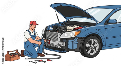 Mechanic Working on Blue Car.