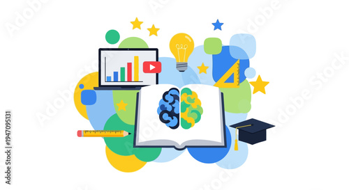 Digital Education and Learning Success Concept. Vector Illustration of Brain, Open Book, Laptop, and Creative Ideas for Online Courses and Knowledge.