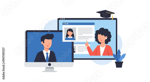 E-Learning and Virtual Classroom Illustration. Online Education Platform with Tutor and Students on Video Conference Screens.