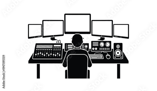 A professional audio engineer working at a desk with multiple monitors and music studio equipment