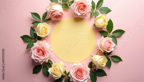 Pink and yellow roses arranged in circle with yellow center on pink backdrop. Floral wreath composition for greeting cards, invitations, or spring decor.