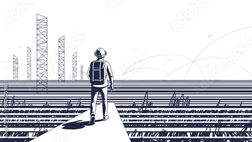 Line art illustration of a construction worker wearing a hard hat and backpack looking out over a gridded field toward tall structures.