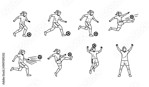 Women’s Football Action Line Icons – Female Soccer Player Vector