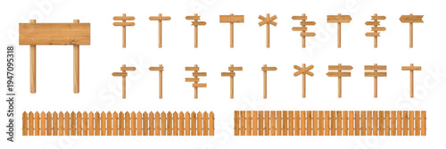 Wooden sign board set. Wood 3d poles with multiple arrows and posts in different layouts and farm fence isolated on light. Rustic natural realistic vector illustration.