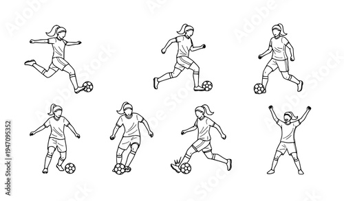 Women’s Soccer Action Line Art Icon Set – Female Football Players Vector