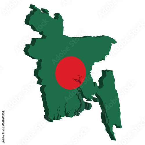 A detailed 3D map graphic of Bangladesh in its national colors, green and red. This illustration is perfect for geographical presentations, cultural showcases, and travel-related content.