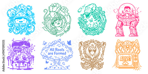 Quirky vintage gothic cartoon spring vector icon bundle featuring surreal botanical illustrations creepy nature creatures and weird graphic design elements