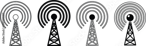 Wireless signal tower icons set, radio antenna communication symbols, network broadcast technology collection, outline and solid style, flat vector illustration