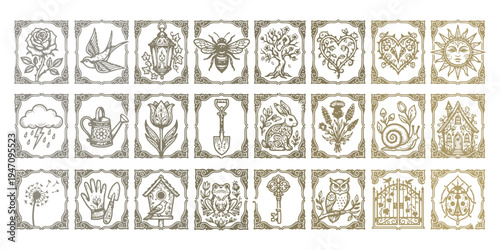 Vintage cottage core nature icon pack featuring engraved garden floral elements rustic retro stamps for magical botanical vector illustration design bundle