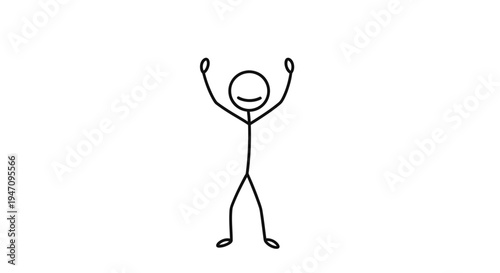 Happy Stickman Standing with Arms Raised in Celebration, Expressing Success and Achievement, Isolated White Background.