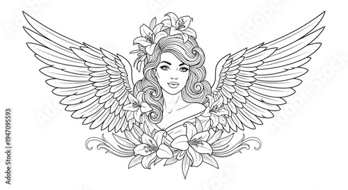 Beautiful Angel Woman with Large Wings and Delicate Flowers, Outline Drawing, Isolated White Background.