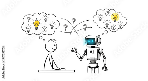 Stickman and AI Robot Thinking with Lightbulbs and Question Marks in Thought Bubbles, Concept of Problem Solving and Innovation, Isolated White Background.