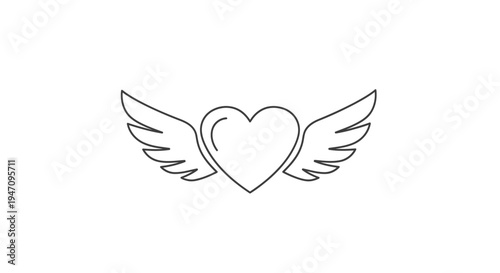 Simple line art drawing of a heart with wings, symbolizing love, freedom, and passion in a minimalist outline style.