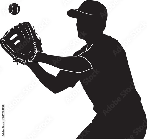 Dynamic black silhouette vector illustration of a baseball catcher in action, wearing a cap and glove, ready to catch a flying baseball, ideal for sports graphics and team branding.