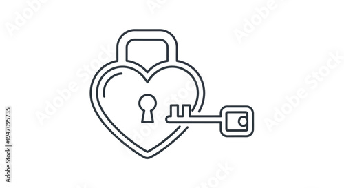 Line art illustration of a heart-shaped padlock with a key, symbolizing love, security, and unlocking emotions or secrets.