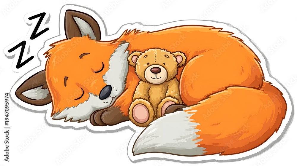 Obraz premium Cute Sleeping Fox Hugging Teddy Bear Illustration.