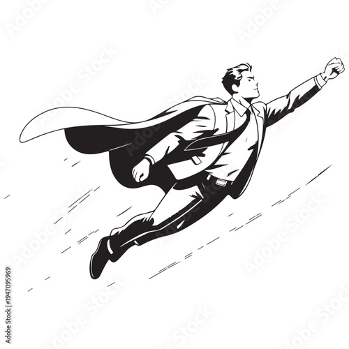 A businessman in a suit flies through the air with a cape a heroic silhouette