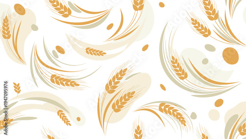 Elegant seamless pattern featuring golden ears of wheat and abstract flowing shapes in a warm natural color palette on white.