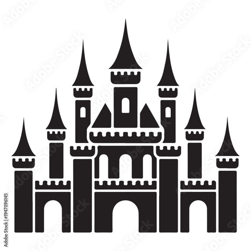 A detailed black silhouette of a fairytale castle with multiple towers and battlements silhouette