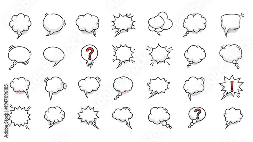 Large collection of diverse comic book style speech and thought bubbles with various shapes and expressions on a white background.
