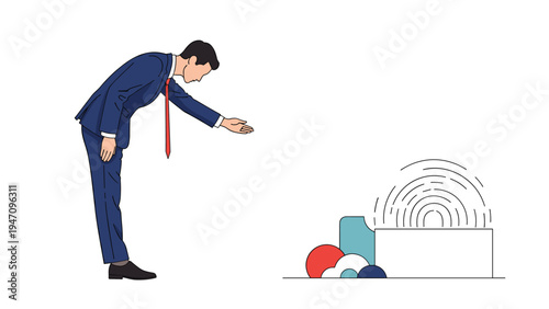 Businessman in a formal suit bowing respectfully towards a digital fingerprint scanner icon for identity verification.